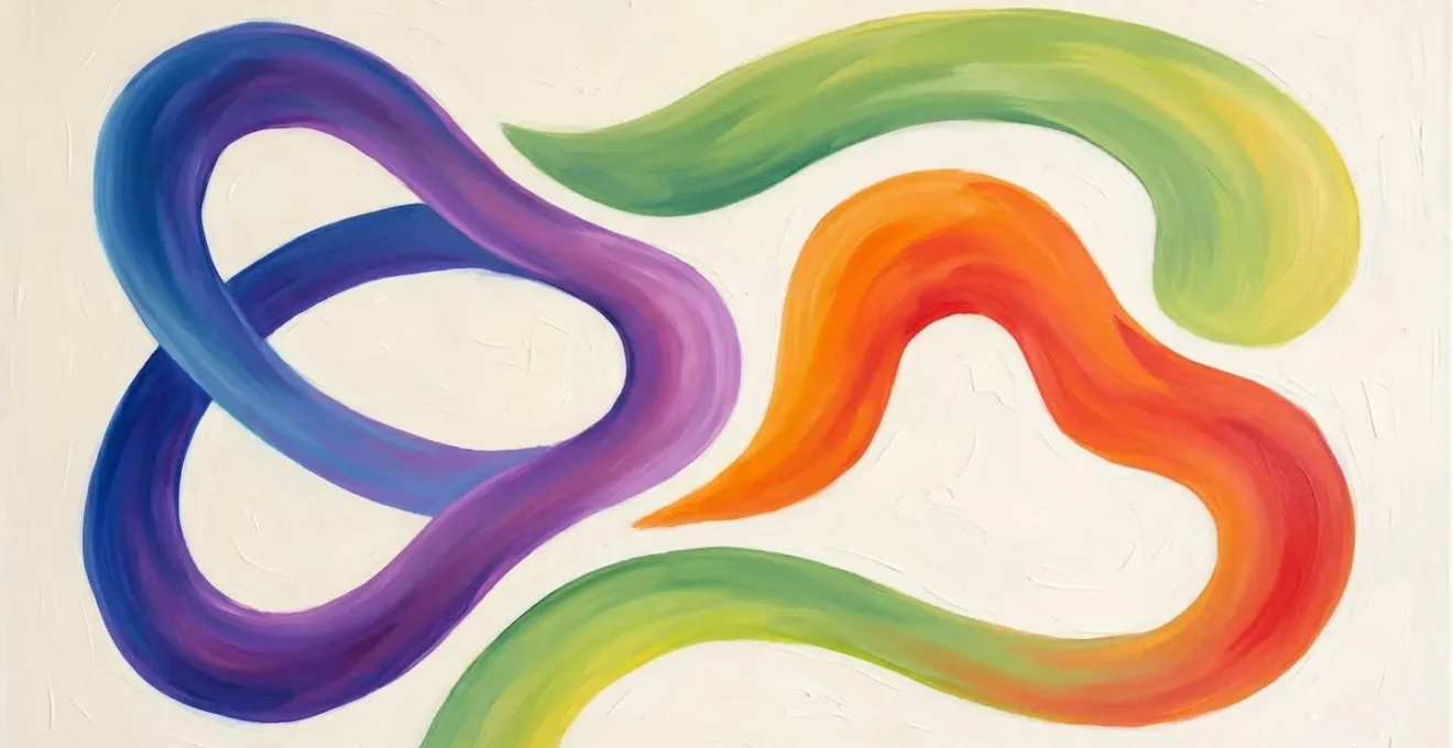 Composition abstraite de trois formes organiques fluides en dégradés de couleurs (bleu-violet, orange-rouge, vert-jaune) s'entrelaçant harmonieusement sans se chevaucher, fond blanc-crème, lumière diffuse