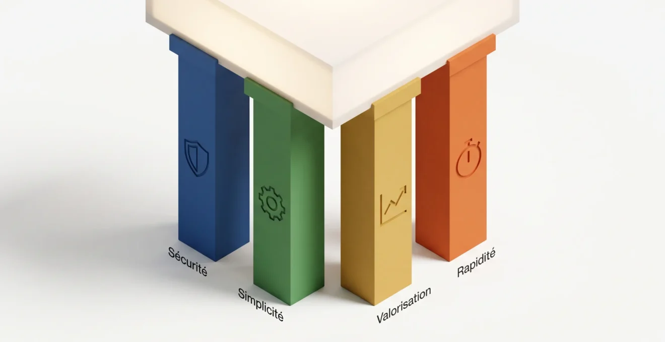 Illustration 3D isométrique de quatre colonnes architecturales colorées (bleu, vert, or, orange) supportant une plateforme stable, chacune avec symbole abstrait (bouclier, engrenage, graphique, chronomètre), fond blanc pur