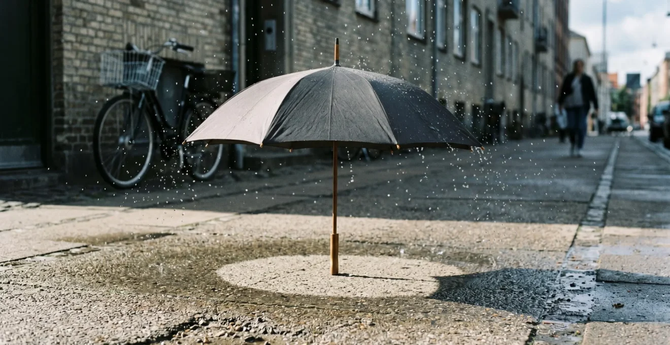 Parapluie élégant projetant une ombre protectrice circulaire sur sol béton, avec gouttes d'eau suspendues s'arrêtant au bord de l'ombre, lumière naturelle douce, style minimaliste scandinave